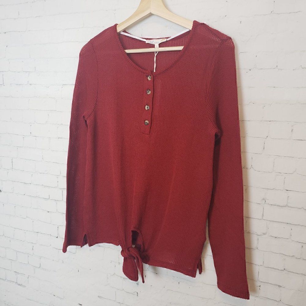 C&C California Top Size S Red Tie Front New Long Sleeve Waffle Knit Womens - Picture 2 of 8